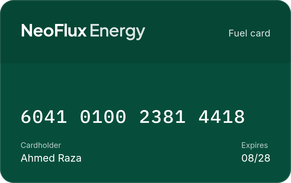 A NeoFlux Energy fuel card, issued on the OMC's own IIN