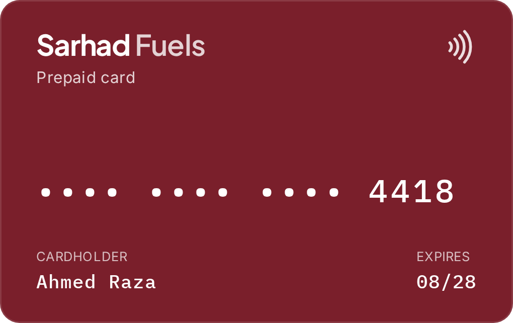 Two fuel cards from two different OMCs, each issued on that OMC's own IIN: a Markhor Petroleum fleet card and a Sarhad Fuels prepaid card